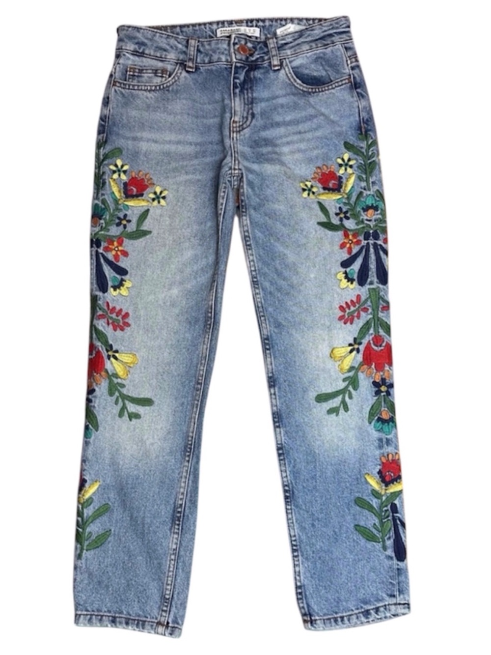 Zara Embroidered Boho Straight Leg Cotton Ankle Jeans